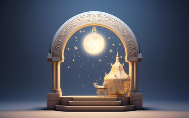 3D illustration of a crescent moon decoration in an Islamic lantern with an arabesque arched door at the back and a cannon beside it displayed on a white podium. generative ai