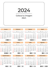 CALENDARIO 2024, calendario lunar 2024, plantilla para calendario 2024, calendario personalizable. - obrazy, fototapety, plakaty