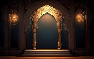 Ramadan Kareem concept banner with gold 3d frame, arabesque window on dark background with beautiful arabesque pattern. generative ai - obrazy, fototapety, plakaty