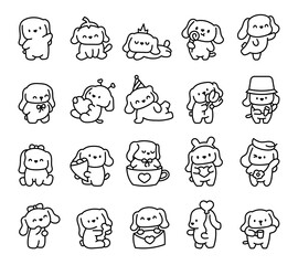 Cute kawaii little dog. Coloring Page. Pet cartoon character. Hand drawn style. Vector drawing. Collection of design elements.