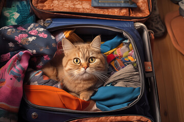 Curious Cat Inside a Packed Suitcase Ready for Travel