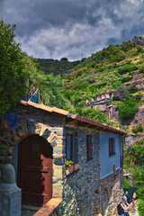 Cinque Terre Mediterranean Sea views along town hiking trail Italian Riviera coastline. Liguria, Italy, Europe. 2023 Summer. 