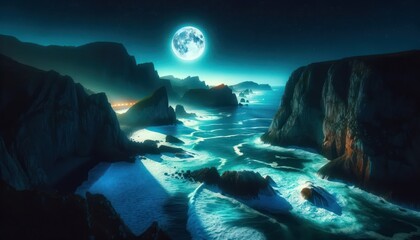 Fantasy landscape. Rocks and sea at moonlight, illustration