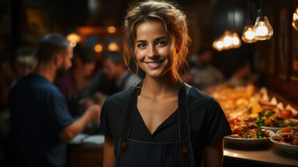 Fototapeta premium Young cheerful waitress at restaurant