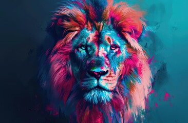 Colorful painting of a lion with creative abstract elements as background