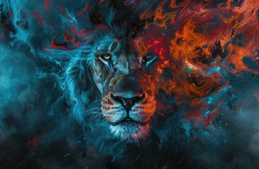 Colorful painting of a lion with creative abstract elements as background - obrazy, fototapety, plakaty