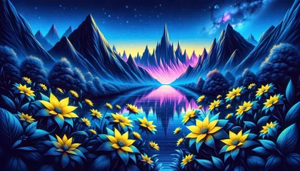 Foto op Plexiglas illustration of a fantasy landscape with mountains and sunflowers © Christiankhs
