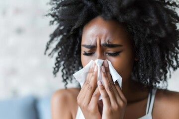 Sick day at home. Asian woman has runny and common cold. - obrazy, fototapety, plakaty