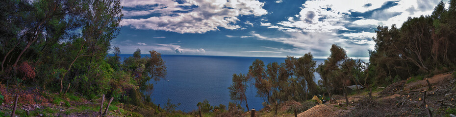 Cinque Terre Mediterranean Sea views along town hiking trail Italian Riviera coastline. Liguria, Italy, Europe. 2023 Summer. 