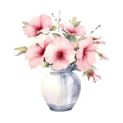 hibiscus white in vase watercolour white background