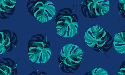 seamless pattern green leaves with shadow on blue background.