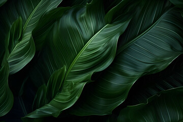 Abstract close up artistic natural leaves background. Beautiful texture of dark green tropical leaf