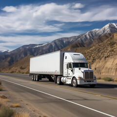 White Cargo Truck on U.S. Highway with Blank Trailer in Scenic Mountain Landscape