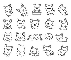 Cute kawaii corgi dog. Coloring Page. Funny puppy cartoon animal characters. Hand drawn style. Vector drawing. Collection of design elements.