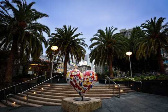 Painted Heart Sculpture on a Corner of the Union Square in San Francisco, California