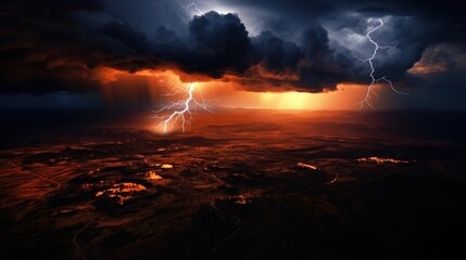 Birds eye view of a raging lightning storm enveloping a wide swath of terrain, casting an ominous glow over the landscape.