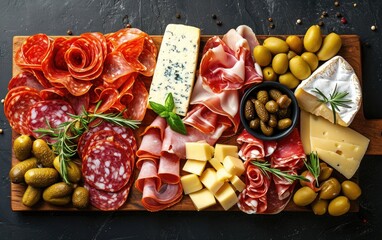 Top view of a charcuterie and cheese platter with assorted ingredients such as meat, cheese, grapes, and nuts