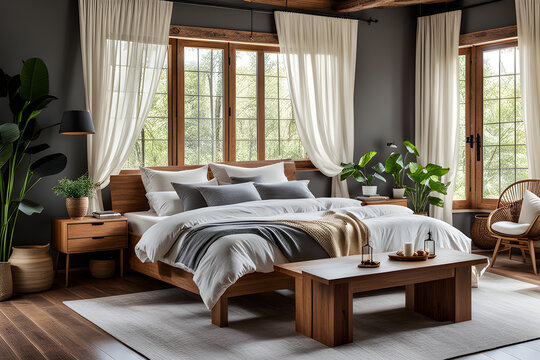 Country house design with ethnic decoration. Bed with pillows, wooden furniture, potted plants, armchair and curtains on large window in cozy bedroom interior, nobody, flat lay, panorama, free space