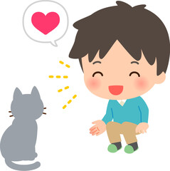 しゃがんで猫に話しかける男性、猫好き