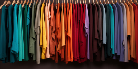 A lot of colorful t-shirts on hanger in a lot of  colors neutral wall choosing your colors