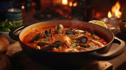 A small clay pot revealing a simmering, aromatic seafood stew, b with tender mussels, clams, and prawns, bathed in a fragrant tomato and saffroninfused broth, begging to be sad. - obrazy, fototapety, plakaty