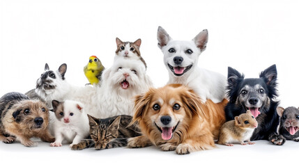 Cat, Dog, parrot, rabbit, and hamster, group of pet isolated white background. Generative AI