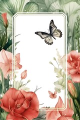 on subtle background, a blank frame with botanical garden wedding design, romantic detailed, amaryllis, beautiful, realistic, small butterfly, Glaze, 3-Dimensional, 4K, Infused, LED, Supplementary-Cl