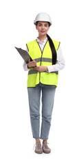 Engineer in hard hat holding clipboard on white background