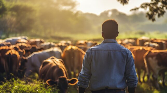 A farmer checking on a herd of cattle that have been selectively bred for higher immunity to common diseases, leading to higher productivity and sustainability.