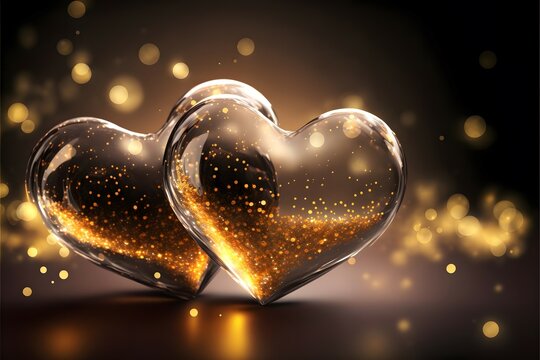 Two glass hearts on bokeh background. Valentines day and wedding day card design, copy space