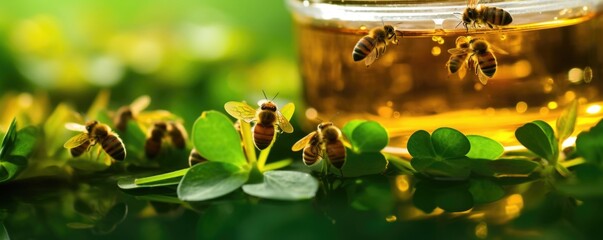 A macro shot showing the beautiful clarity and golden brilliance of clover honey, a classic variety adored for its mild, ery sweetness and versatility in recipes.