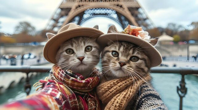 Selfie of fashion tourist cat couple Eiffel Tower background in Paris France. Concept romantic travel funny pet animal in costume humor message greeting card blogging