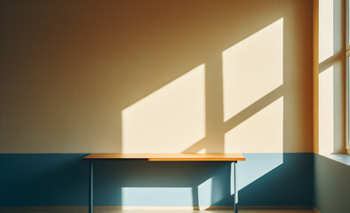 Minimal abstract light beige background for product presentation. Shadow and light from windows on plaster wall