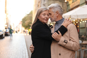 Affectionate senior couple dancing together on city street, space for text