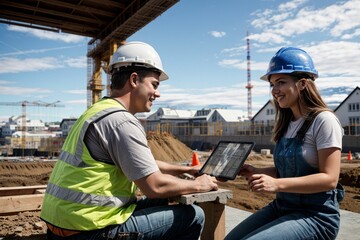 two construction workers discussing and training a colleague to collaborate on large housing project