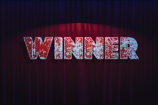 Winner Realistic stage or signboard and golden foil confetti against a red curtain background