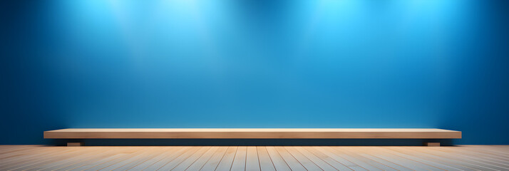 Minimal abstract blue background for product presentation. light blue painted wall with wooden floor