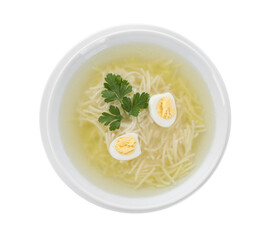 Tasty soup with noodles, egg and parsley in bowl isolated on white, top view