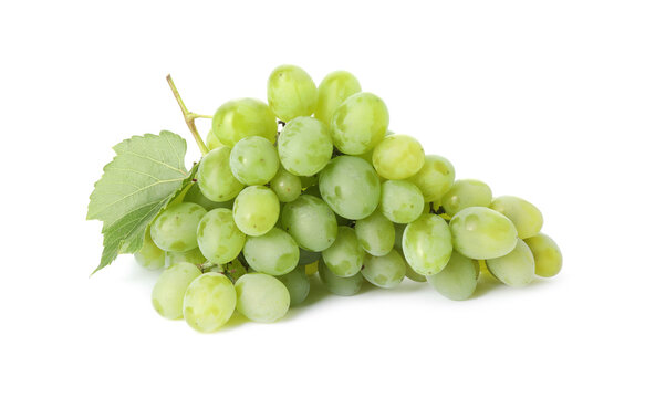Fresh ripe grapes and leaf isolated on white