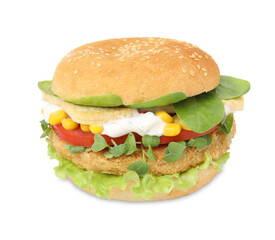 Tasty vegan burger with vegetables, patty and microgreens isolated on white