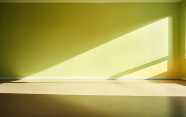 Minimal abstract light chartreuse background for product presentation. Shadow and light from windows on plaster wall