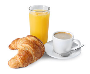 Delicious fresh croissant, cup with coffee and glass of orange juice isolated on white