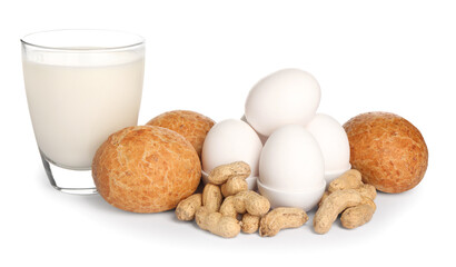 Allergenic food. Different fresh products isolated on white