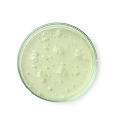 Petri dish with liquid sample on white background, top view