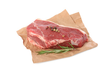 Steak of raw beef meat and spices isolated on white