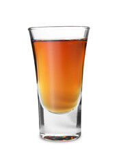 Shot glass with tasty amaretto liqueur isolated on white