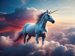 Obraz na płótnie Canvas Photo of a Unicorn Among The Clouds, AI Generative