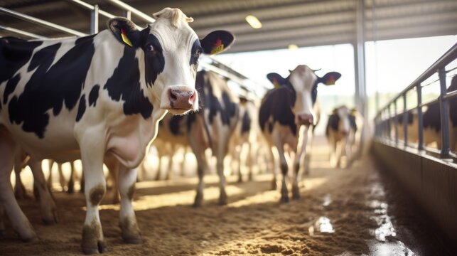 A sprawling, white stable equipped with modern amenities offers comfortable shelter for a herd of dairy cows, ensuring their health and wellbeing on a small family farm.