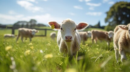 Obraz premium A group of happy, healthy animals grazing on lush green pasture, illustrating the symbiotic relationship between sustainable farming and animal welfare.