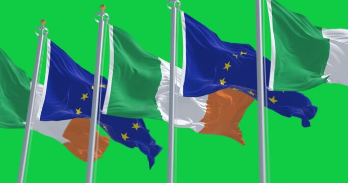 Flags of Ireland and the European Union waving on green screen